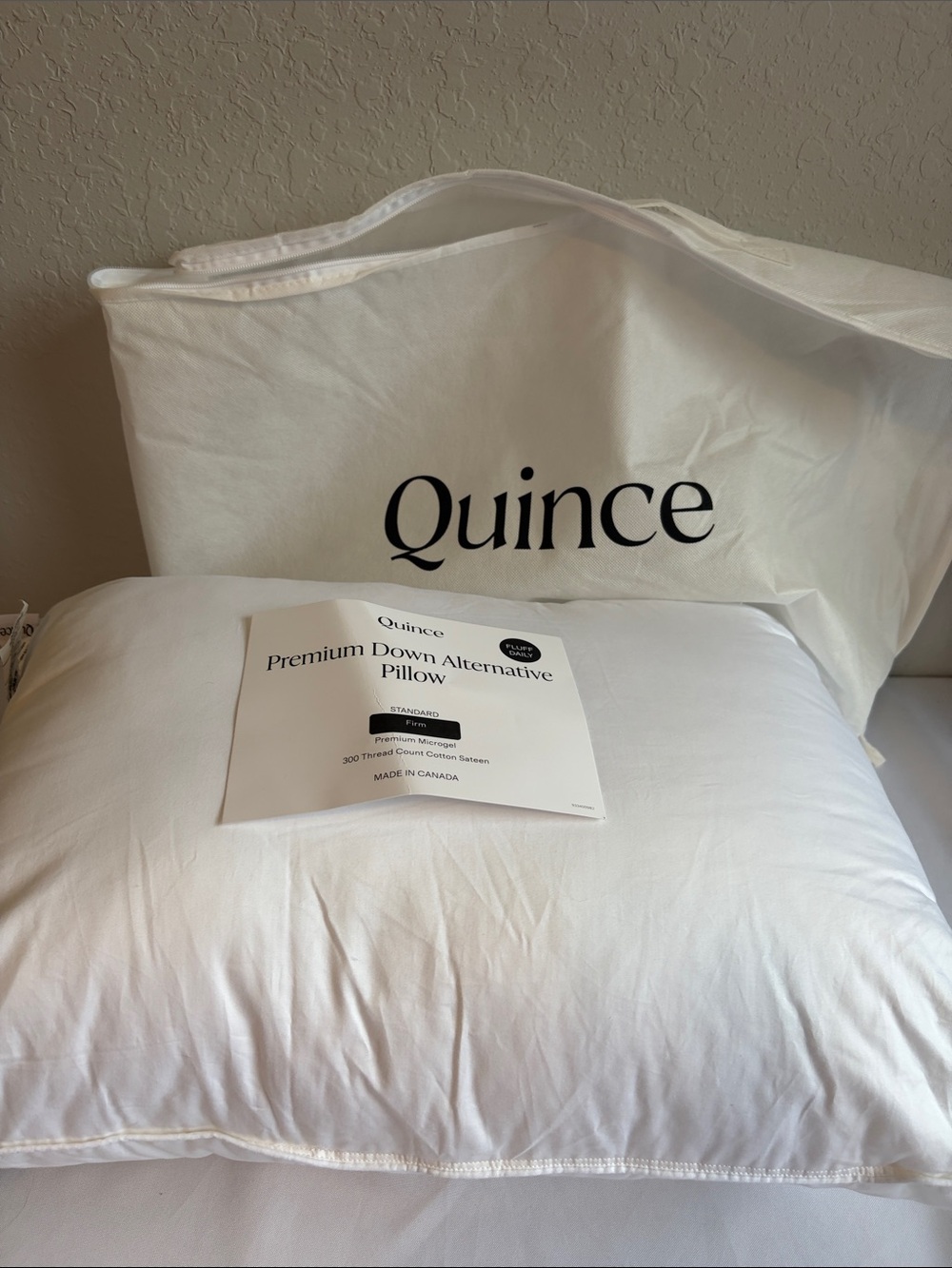 Quince White Down Alternative Pillow with Branded Storage Bag